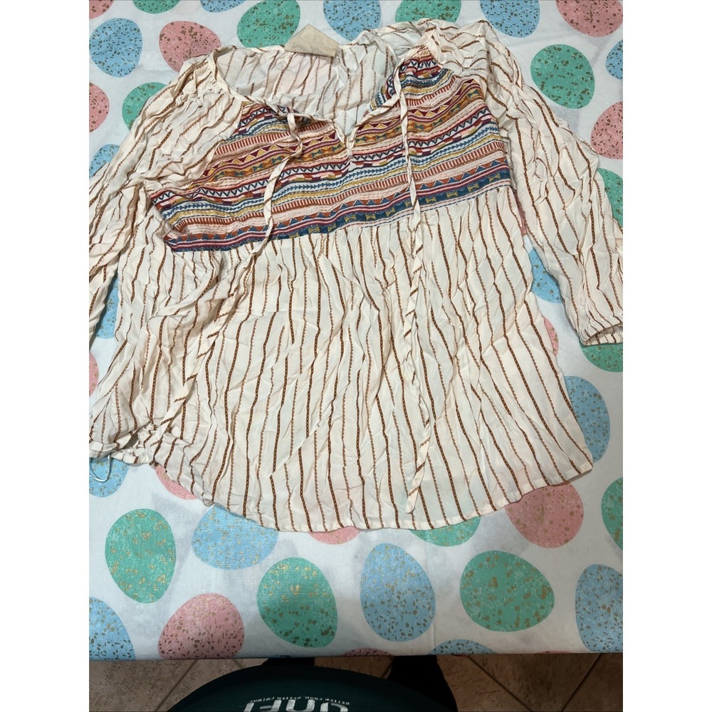 Andre by Unit Savanna Jane boho peasant Embroidered stripe Top S Southwestern